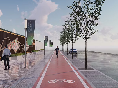 Tall Trees Lining Red Bicycle Lane With Pedestrians Cyclists And Lamp Posts On Sidewalk 3d model