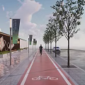 Tall Trees Lining Red Bicycle Lane With Pedestrians Cyclists And Lamp Posts On Sidewalk