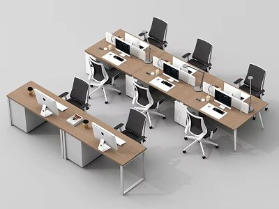 Modern Office Desk And Chair Combination With Wooden Tops Black Chairs And Computers 3d model