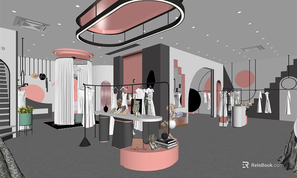 Modern Clothing Store Interior With Pink Black Decor Mannequins And Display Tables 3d model 