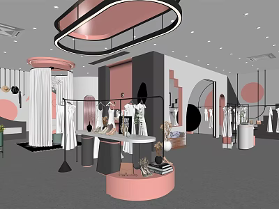 Modern Clothing Store Interior With Pink Black Decor Mannequins And Display Tables 3d model