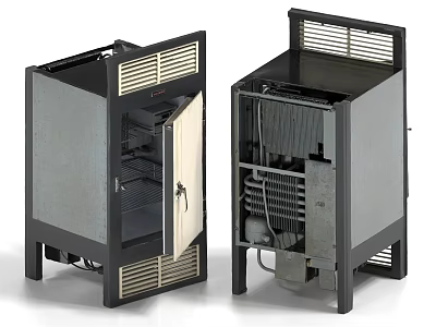 Open Door Refrigerator Freezer Internal Structure With Shelves And Cooling Components 3d model