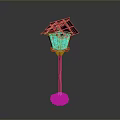 Traditional Japanese Lantern Design With Purple Roof Green Pane Windows And Red Pole