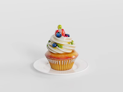 Freshly Baked Cupcake Topped with Whipped Cream Blueberries and Strawberry on White Plate 3d model