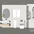 Modern Light Tiled Bathroom With Lighted Oval Mirror Wooden Vanity Urinal Toilet And Shower Area