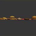Assorted Food Collection With Hamburgers Steaks Sliced Meat Bread Rolls And Cookies