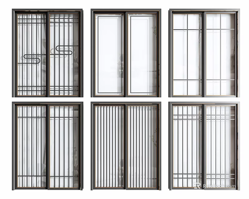 Various Sliding Door Designs With Metal Frames And Decorative Grilles 3d model