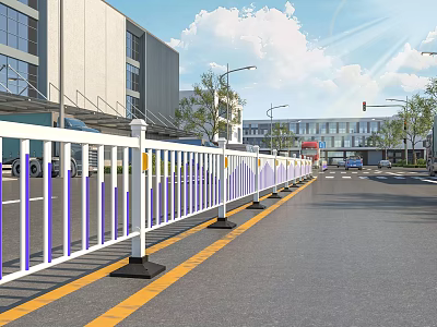 Urban Road Traffic Barrier with White Vertical Bars Black Base and Yellow Lines on City Street 3d model