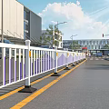 Urban Road Traffic Barrier with White Vertical Bars Black Base and Yellow Lines on City Street