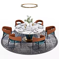 Round Dining Table Set with Six Orange Chairs Vase Tableware Ceiling Lamp and Striped Carpet 3d model