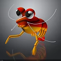 Cartoon Shrimp Character With Red Yellow Body Big Eyes Long Antennae And Yellow Legs On Black Background