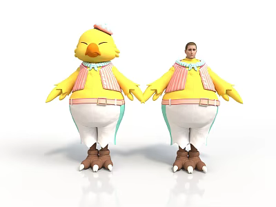 Cartoon Yellow Chicken Characters In Striped Vests White Pants Pink Hats Holding Hands 3d model