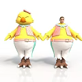 Cartoon Yellow Chicken Characters In Striped Vests White Pants Pink Hats Holding Hands