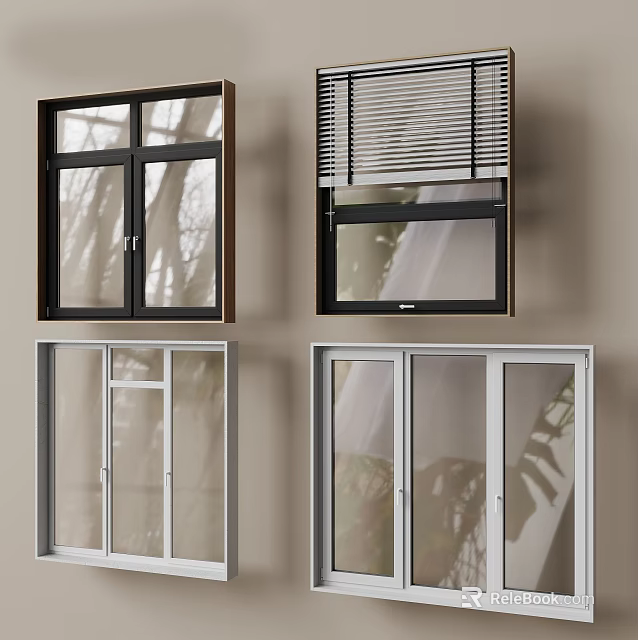 Casement Windows With Various Designs Wooden Metal Frames And Blinds For Home 3d model 