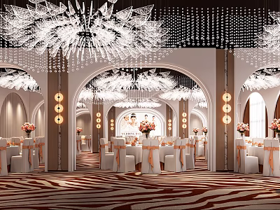 Elegant Restaurant Interior With Ornate Chandeliers Arched Doorways White Tables Flower Arrangements And Striped Carpet 3d model