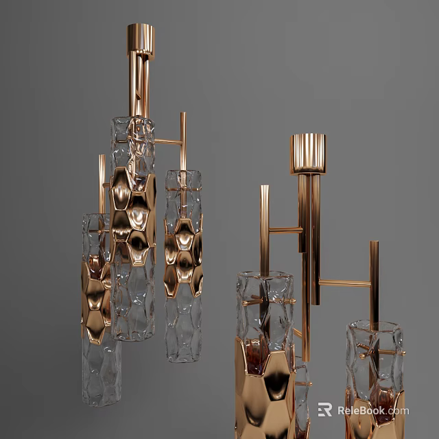 Modern Gold Metal Chandelier With Transparent Glass Geometric Design Elements 3d model 