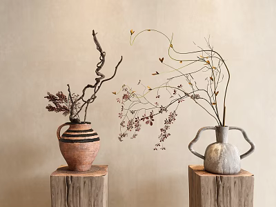 Pottery Pot Vase Bonsai Dried Branches Flower Decoration Ornaments 3d model