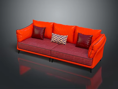 Modern Two Seater Sofa Interior With Orange Frame Burgundy Seat Three Cushions And Patterned Center 3d model