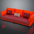 Modern Two Seater Sofa Interior With Orange Frame Burgundy Seat Three Cushions And Patterned Center
