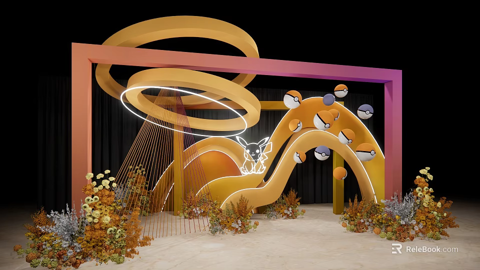 Vibrant Orange Archway Installation With Illuminated Circular Rings Fox Shaped Decor And Flower Plants 3d model 