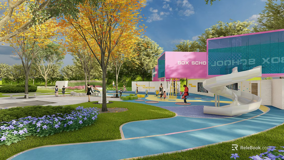 Colorful Children's Playground With Slide Trees Lawn And Pink Blue Building 3d model 