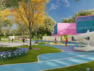 Colorful Children's Playground With Slide Trees Lawn And Pink Blue Building 3d model