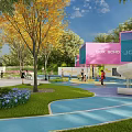 Colorful Children's Playground With Slide Trees Lawn And Pink Blue Building