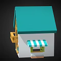 Cartoon Style House With Teal Roof Yellow Door Wooden Balcony And Striped Awning