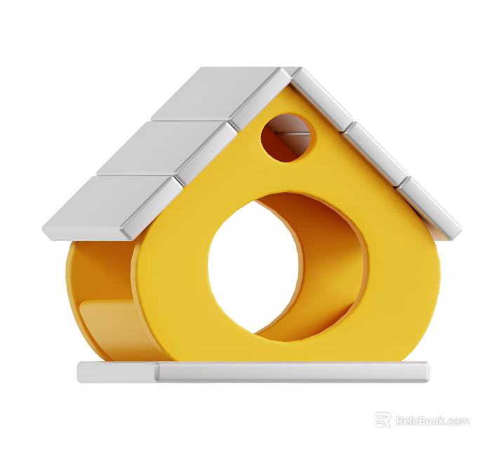 Modern Yellow House Shaped Decorative Ornament Set With Gray Roof Circular Hole And Gray Base 3d model 