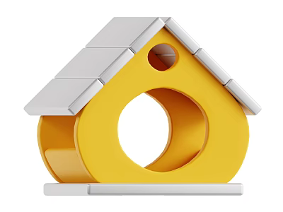 Modern Yellow House Shaped Decorative Ornament Set With Gray Roof Circular Hole And Gray Base 3d model