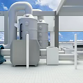 Industrial Equipment With Three Blue Ventilation Fans And Large Piping Systems On Industrial Facility Roof