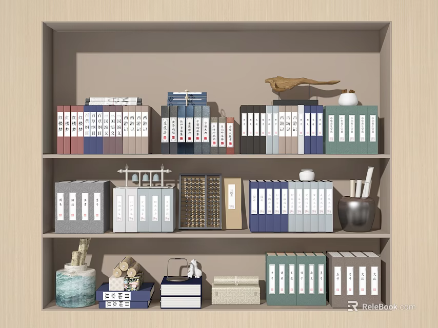 Organized Bookshelf Featuring Books Magazines Colorful Binders And Small Decor Items 3d model 