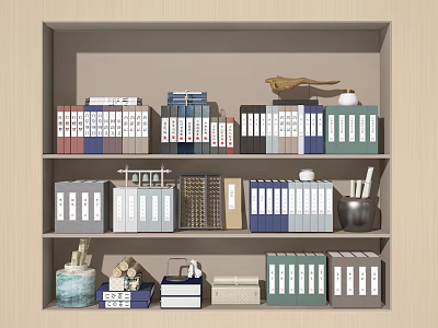 Organized Bookshelf Featuring Books Magazines Colorful Binders And Small Decor Items 3d model
