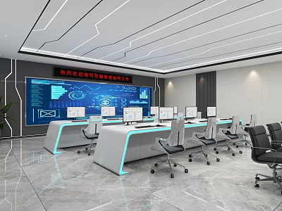 Modern Monitoring Room With Large Screen Display Multiple Computer Monitors And LED Strip Lighting 3d model