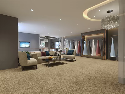 Elegant Bridal Shop Interior With Wedding Dresses Display And Lounge Area 3d model