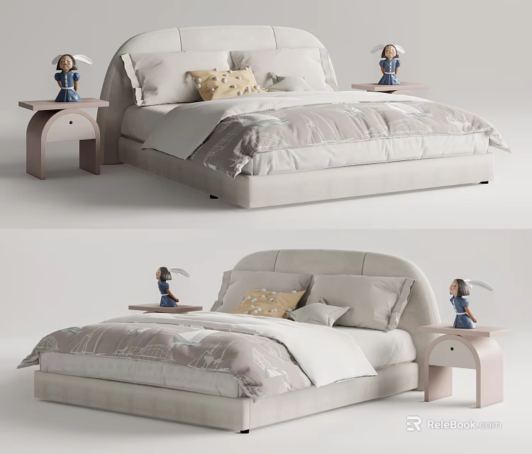 Cute Kids Bed with Soft Bedding Two Nightstands and Dolls Decor 3d model 
