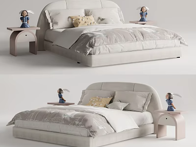 Cute Kids Bed with Soft Bedding Two Nightstands and Dolls Decor 3d model