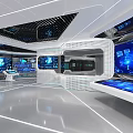 Futuristic Digital Space With Blue Grid Lines Reflective Floor And Central Structure