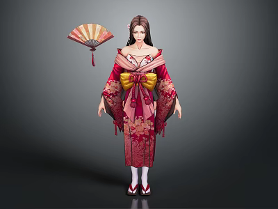 Japanese Female Character In Traditional Kimono With Folding Fan And Floral Patterns 3d model