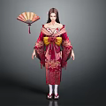 Japanese Female Character In Traditional Kimono With Folding Fan And Floral Patterns