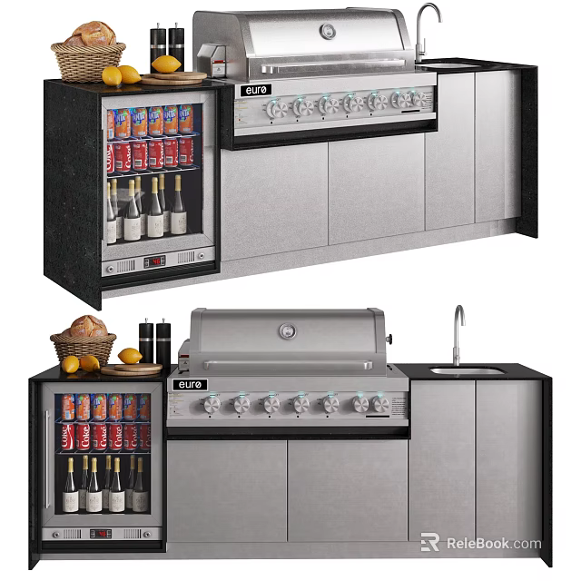 Stainless Steel Kitchen Appliances With Grill Sink Refrigerator And Drinks Storage 3d model 