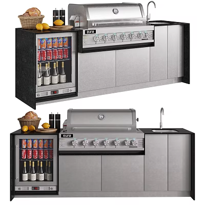 Stainless Steel Kitchen Appliances With Grill Sink Refrigerator And Drinks Storage 3d model