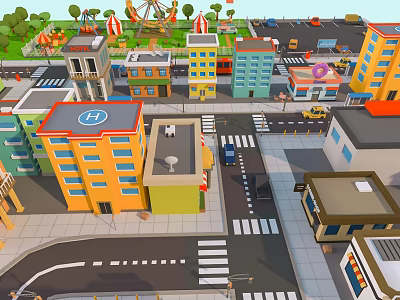 Cartoon City Scene With Colorful Buildings Busy Streets Crossroads Vehicles And Ferris Wheel 3d model