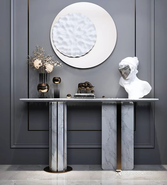 Elegant Marble Console Table with Sculpture Vase and Decorative Mirror on Gray Wall 3d model