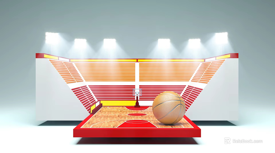 Basketball Arena With Red Yellow Bleachers Wooden Floor And Central Basketball 3d model 