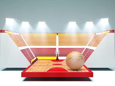 Basketball Arena With Red Yellow Bleachers Wooden Floor And Central Basketball 3d model