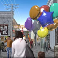Bustling Traditional Commercial Street With Chinese Style Buildings Lanterns And Pedestrians