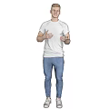 Man In White T-Shirt And Blue Jeans Gesturing With Open Hands On Gray Background