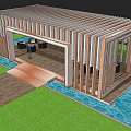 Modern Pergola With Wooden Slats Design In Grass And Water Feature Area