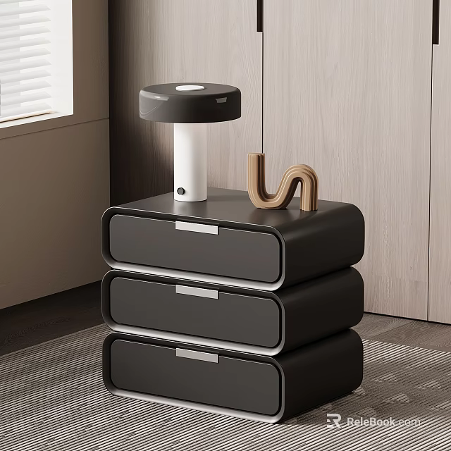Modern Black Three Drawer Nightstand With Table Lamp And Wooden Decor 3d model 